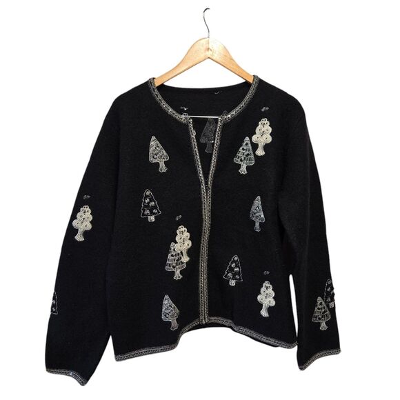 Vintage SUSAN BRISTOL Wool Sweater Full Zip Embroidered Christmas Black/White XL - Picture 3 of 5